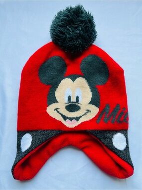Disney Junior Mickey Mouse Kids Red Trapper Beanie Pom Pom One Size
